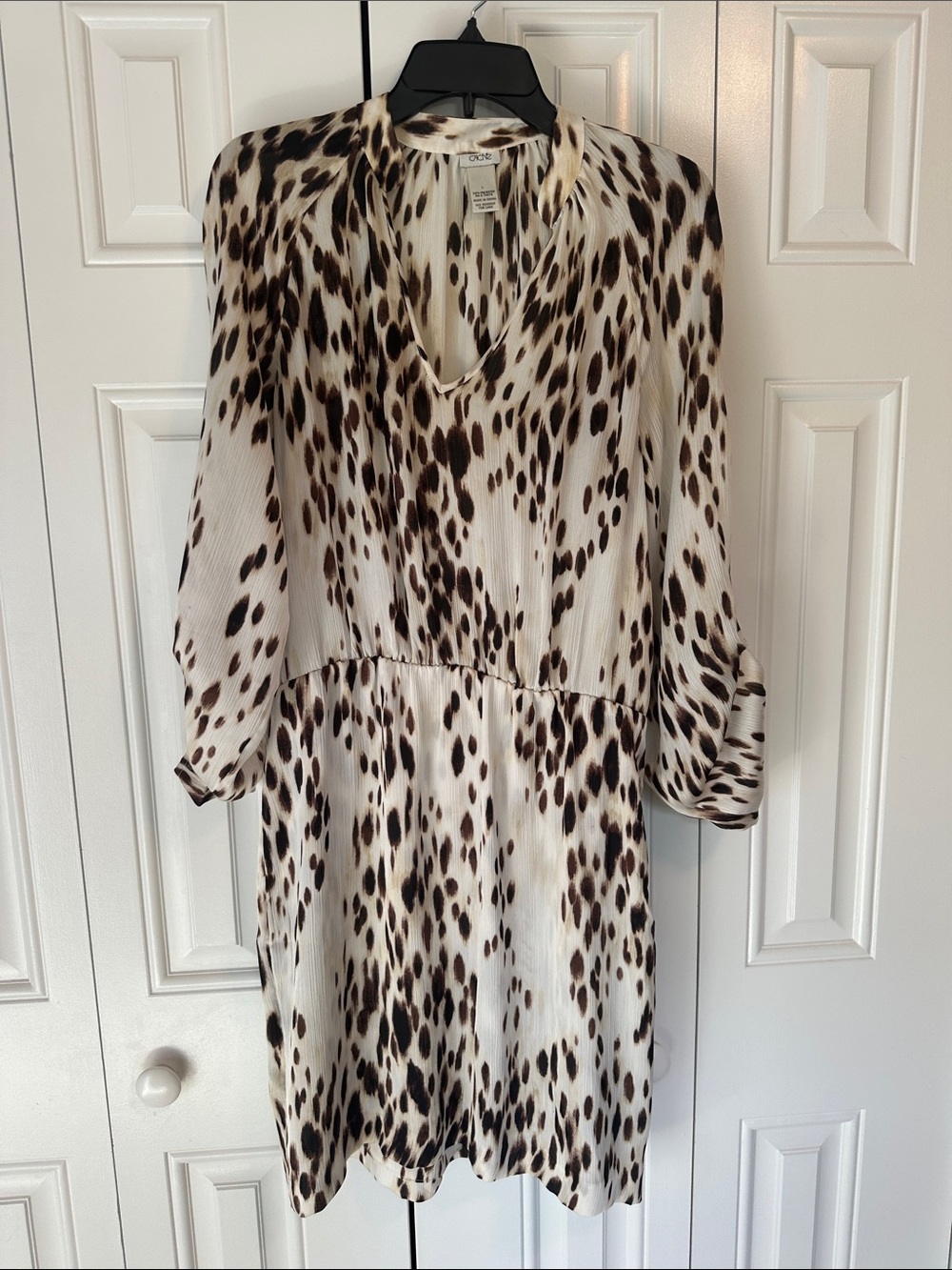 Cache Cream and Brown Leopard-Spot Long Sleeve Dress